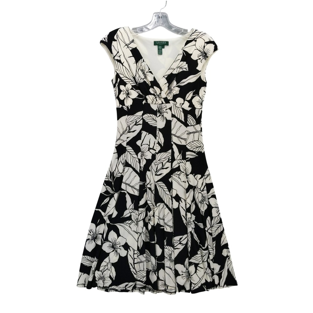 Lauren Ralph Lauren Fit and Flare Dress Women 4 Black White Floral Cap‎ Sleeve